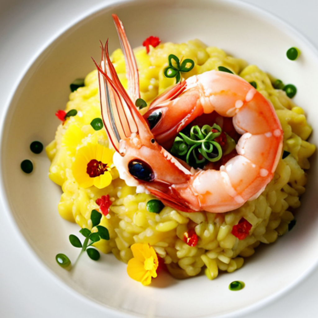 **Image Prompt:** A vibrant food still life showcasing Italian risotto artfully combined with Japanese elements. Feature saffron risotto topped with thinly sliced raw red shrimp marinated in soy sauce and wasabi. Decorate with edible flowers and microgreens for a striking visual contrast. Focus on capturing the textures of the creamy risotto and the delicate shrimp.