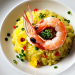 **Image Prompt:** A vibrant food still life showcasing Italian risotto artfully combined with Japanese elements. Feature saffron risotto topped with thinly sliced raw red shrimp marinated in soy sauce and wasabi. Decorate with edible flowers and microgreens for a striking visual contrast. Focus on capturing the textures of the creamy risotto and the delicate shrimp.