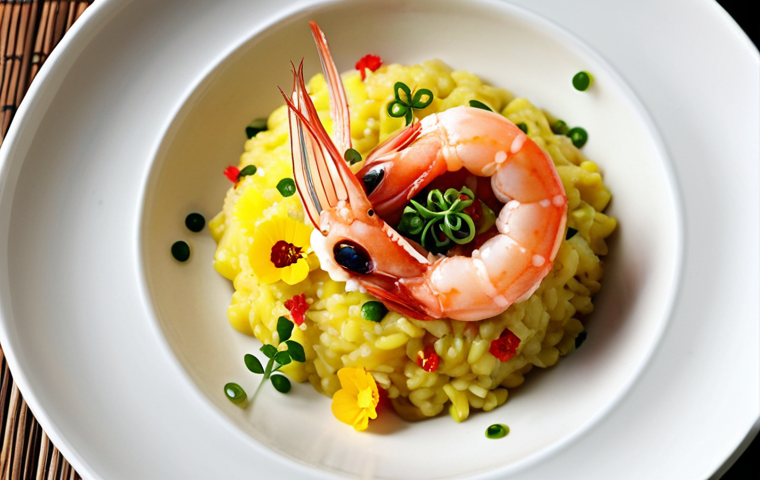 **Image Prompt:** A vibrant food still life showcasing Italian risotto artfully combined with Japanese elements. Feature saffron risotto topped with thinly sliced raw red shrimp marinated in soy sauce and wasabi. Decorate with edible flowers and microgreens for a striking visual contrast. Focus on capturing the textures of the creamy risotto and the delicate shrimp.