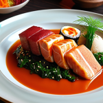 **

Vibrant fusion cuisine dish, Italian & Japanese elements, artistic food presentation, warm & cool color palette, restaurant setting.

**