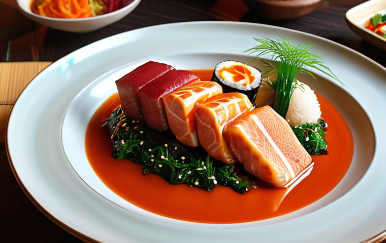 **
Vibrant fusion cuisine dish, Italian & Japanese elements, artistic food presentation, warm & cool color palette, restaurant setting.
**