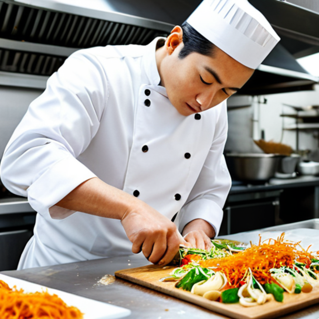 퓨전 요리와 식문화의 상관관계 - **
"A professional chef, fully clothed in a crisp white uniform, expertly preparing a fusion dish f...