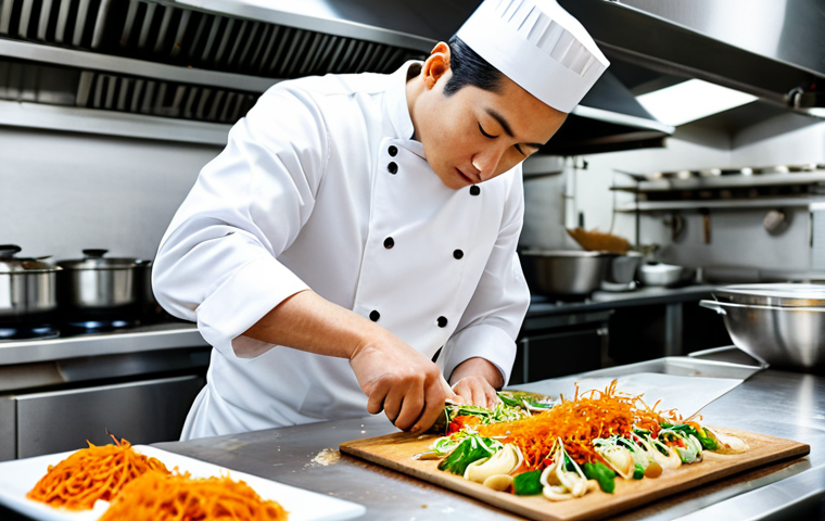 퓨전 요리와 식문화의 상관관계 - **
"A professional chef, fully clothed in a crisp white uniform, expertly preparing a fusion dish f...
