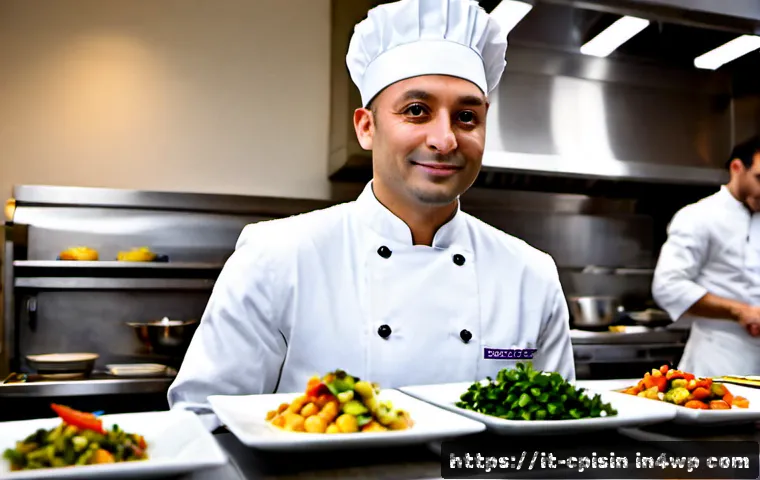 Home 10 퓨전 요리의 차별화된 경쟁 전략 - Photorealistic upscale Italian fusion restaurant kitchen, an Italian chef in a crisp white jacket pl...