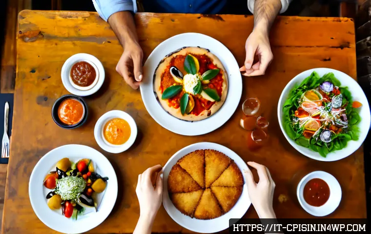 퓨전 요리에서의 대중적 인기 요인 - Photorealistic overhead view of a popular Italian fusion restaurant table, elegant pizza topped with...